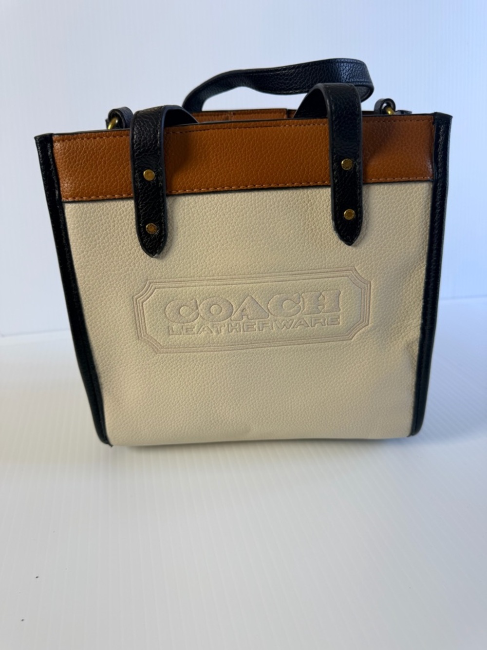 Coach Two-Tone Leather Tote in Cream, Black & Brown